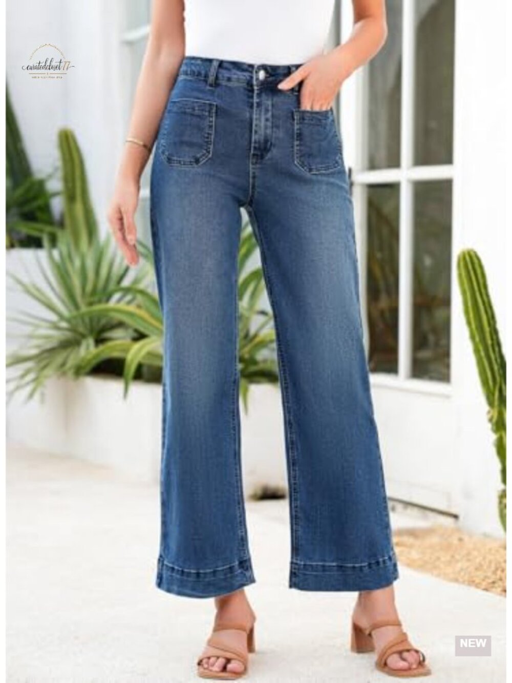 High Waisted Wide Leg Stretchy Denim Jeans with Pockets - Picture 4 of 6